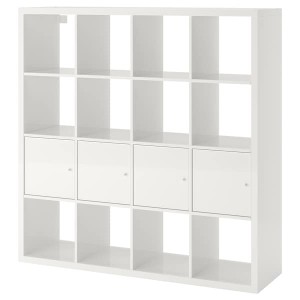 IKEA KALLAX shelf unit with 4 inserts, high-gloss, 57 7/8x57 7/8 in White, Ikea Outlet | 2150YPGEM