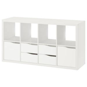 IKEA KALLAX shelving unit, with 2 doors with 4 drawers/wave shaped, 57 7/8x30 3/8 in White, Ikea Outlet | 7483OBRCM