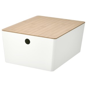 IKEA KUGGIS box with lid, 10 ¼x13 ¾x6 in White / Bamboo, Ikea Outlet | 4765MWSHT