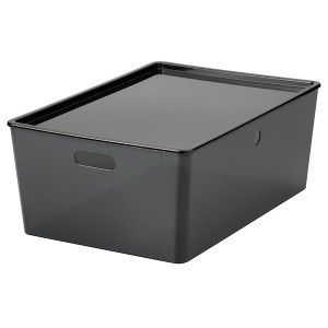 IKEA KUGGIS box with lid, 14 ½x21 ¼x8 ¼ in Transparent Black, Ikea Outlet | 7893JLUZD