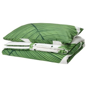 IKEA KUNGSCISSUS duvet cover and pillowcase(s), Twin White / Green, Ikea Outlet | 0513SAYUG