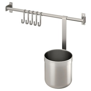 IKEA KUNGSFORS rail with 5 hooks and 1 container, stainless steel, 15 3/4 in, Ikea Outlet | 2316LAQEO