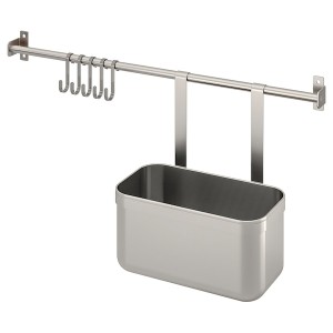 IKEA KUNGSFORS rail with 5 hooks and 1 container, stainless steel, 22 in, Ikea Outlet | 8912CFLZA