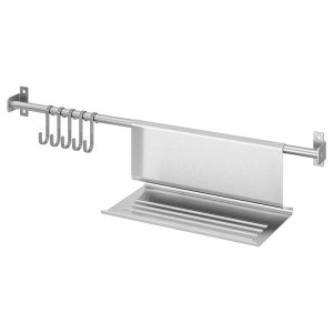 IKEA KUNGSFORS rail with 5 hooks and tablet stand, stainless steel, 22 in, Ikea Outlet | 7125KPJWD