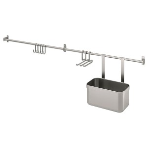 IKEA KUNGSFORS rails with hooks and container, stainless steel, 44 1/8 in, Ikea Outlet | 6934QZGFT