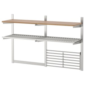 IKEA KUNGSFORS wall storage with grid + knife rack, stainless steel/ash veneer, Ikea Outlet | 4596FPNBO