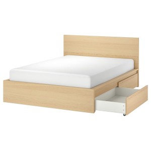 IKEA MALM high bed frame/2 storage boxes, Full White Stained Oak Veneer, Ikea Outlet | 9342COTQG