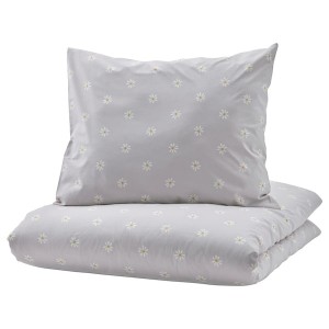 IKEA NATTSLÄNDA duvet cover and pillowcase(s), floral pattern, Twin Gray / White, Ikea Outlet | 0127RUDGI