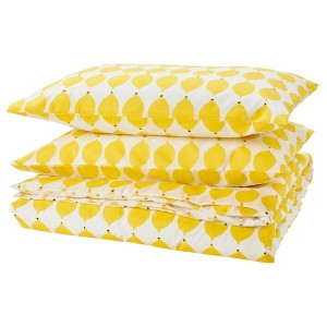 IKEA NORSKNOPPA duvet cover and pillowcase(s), King White / Yellow / Patterned, Ikea Outlet | 6251VXPMI