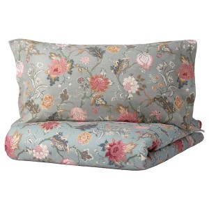 IKEA NÄSSELKLOCKA duvet cover and pillowcase(s), Twin Light Gray / Green / Multicolor, Ikea Outlet | 9546RQWJT