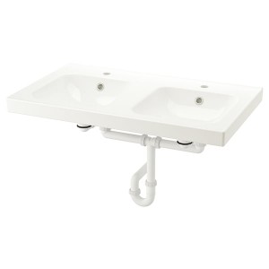 IKEA ORRSJÖN double sink with water trap, 37x21 3/4 in White, Ikea Outlet | 7235AYCNU