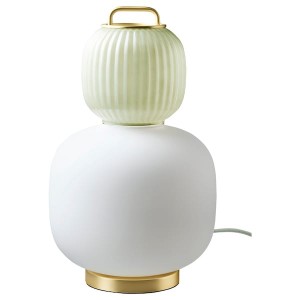 IKEA PILBLIXT table lamp with LED bulb, white/light green glass/gold effect metal, 16 in, Ikea Outlet | 4260KRMIO