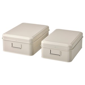 IKEA PLOGFÅRA storage box with lid, set of 2, light beige, Ikea Outlet | 9541ZVBJA