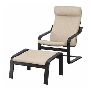 IKEA POÄNG armchair and ottoman Black / Brown / Hillared Beige, Ikea Outlet | 5046KRQAO