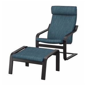 IKEA POÄNG armchair and ottoman Black / Brown / Hillared Dark Blue, Ikea Outlet | 4826KHPES