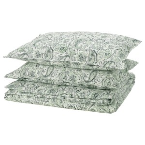 IKEA RODGERSIA duvet cover and pillowcase(s), Full/Queen (Double/Queen) Green / White, Ikea Outlet | 3459XIFCS