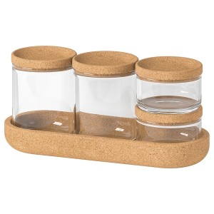 IKEA SAXBORGA jar with lid and tray, set of 5, glass cork, Ikea Outlet | 9582PTEXV