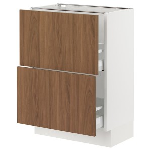 IKEA SEKTION / MAXIMERA base cabinet with 2 drawers, 24x15x30 in White / Tistorp Brown Walnut Effect, Ikea Outlet | 6043LTAQB