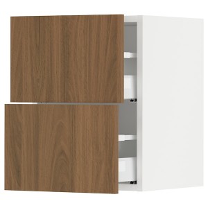 IKEA SEKTION / MAXIMERA wall cabinet with 2 drawers, 15x15x20 in White / Tistorp Brown Walnut Effect, Ikea Outlet | 3581ACDNO
