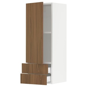 IKEA SEKTION / MAXIMERA wall cabinet with door/2 drawers, 15x15x40 in White / Tistorp Brown Walnut Effect, Ikea Outlet | 4250OICED