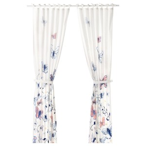 IKEA SÅNGLÄRKA Curtains with tie-backs, 1 pair, butterfly, white blue, 47x98 in, Ikea Outlet | 1746WBLYX