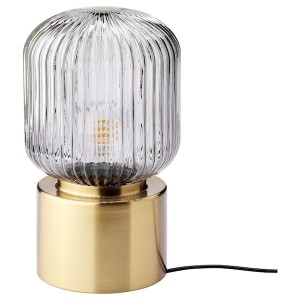 IKEA SOLKLINT table lamp with LED bulb, brass/gray clear glass, 11 in, Ikea Outlet | 2839IKUOB