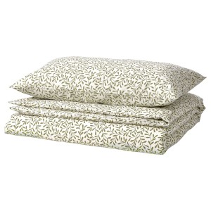 IKEA SORGMANTEL duvet cover and pillowcase(s), Twin White / Green, Ikea Outlet | 6045KVUZB