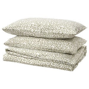 IKEA SORGMANTEL duvet cover and pillowcase(s), King White / Green, Ikea Outlet | 4135SXPQT