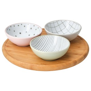 IKEA TRÅDTICKA tray with 3 bowls, multicolor/bamboo, Ikea Outlet | 9017QMOJF