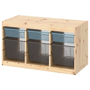 IKEA TROFAST storage combination with boxes, 36 5/8x17 3/8x20 1/2 in Light White Stained Pine Gray / Blue / Dark Gray, Ikea Outlet | 4268KWLHC