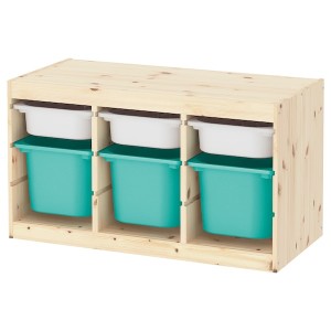 IKEA TROFAST storage combination with boxes, 36 5/8x17 3/8x20 1/2 in Light White Stained Pine White / Turquoise, Ikea Outlet | 7519NYAWP