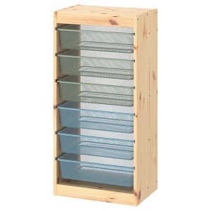 IKEA TROFAST storage combination with boxes, 17 3/8x11 3/4x35 7/8 in Light White Stained Pine Green / Gray / Gray / Blue, Ikea Outlet | 8764WNDUG