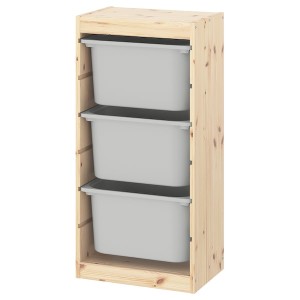 IKEA TROFAST storage combination with boxes, 17 3/8x11 3/4x35 7/8 in Light White Stained Pine / Gray, Ikea Outlet | 4503DSWOP