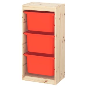 IKEA TROFAST storage combination with boxes, 17 3/8x11 3/4x35 7/8 in Light White Stained Pine / Orange, Ikea Outlet | 8402YCGHT