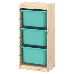 IKEA TROFAST storage combination with boxes, 17 3/8x11 3/4x35 7/8 in Light White Stained Pine / Turquoise, Ikea Outlet | 2869PQYWL