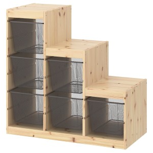 IKEA TROFAST storage combination with boxes, 37x17 3/8x35 7/8 in Light White Stained Pine / Dark Gray, Ikea Outlet | 3450VXRLM