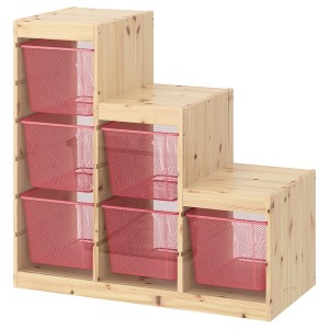 IKEA TROFAST storage combination with boxes, 37x17 3/8x35 7/8 in Light White Stained Pine / Light Red, Ikea Outlet | 1723KDHOR