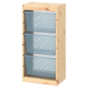 IKEA TROFAST storage combination with boxes, 17 3/8x11 3/4x35 7/8 in Light White Stained Pine / Gray / Blue, Ikea Outlet | 7108IXLBA