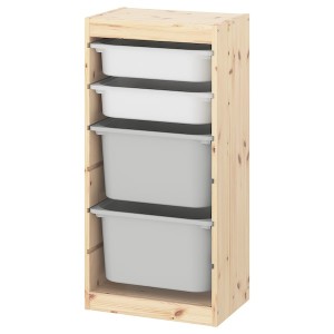 IKEA TROFAST storage combination with boxes, 17 3/8x11 3/4x35 7/8 in Light White Stained Pine White / Gray, Ikea Outlet | 3174CLYVJ