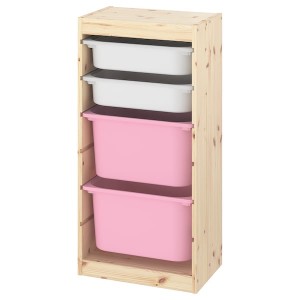 IKEA TROFAST storage combination with boxes, 17 3/8x11 3/4x35 7/8 in Light White Stained Pine White / Pink, Ikea Outlet | 7093KXVLG