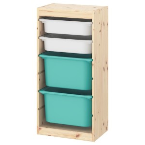 IKEA TROFAST storage combination with boxes, 17 3/8x11 3/4x35 7/8 in Light White Stained Pine White / Turquoise, Ikea Outlet | 6238NYSKD