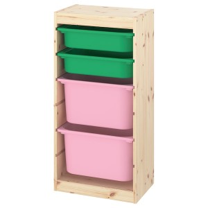 IKEA TROFAST storage combination with boxes, 17 3/8x11 3/4x35 7/8 in Light White Stained Pine Green / Pink, Ikea Outlet | 9601LOYCP