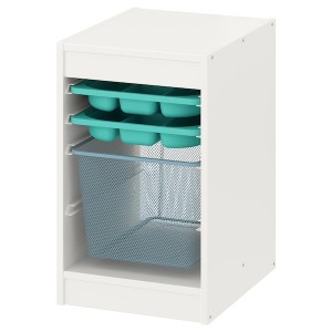 IKEA TROFAST storage combination with box/trays, 13 3/8x17 3/8x22 in White Turquoise / Gray / Blue, Ikea Outlet | 8269AVFBP