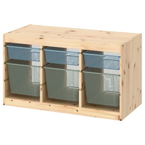 IKEA TROFAST storage combination with boxes, 36 5/8x17 3/8x20 1/2 in Light White Stained Pine Gray / Blue / Light Green / Gray, Ikea Outlet | 4962KWVAC