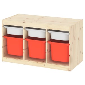 IKEA TROFAST storage combination with boxes, 36 5/8x17 3/8x20 1/2 in Light White Stained Pine White / Orange, Ikea Outlet | 1079QXENO