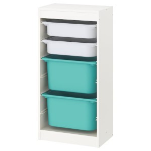 IKEA TROFAST storage combination with boxes, 18 1/8x11 3/4x37 in White / White Turquoise, Ikea Outlet | 3087QCZYV