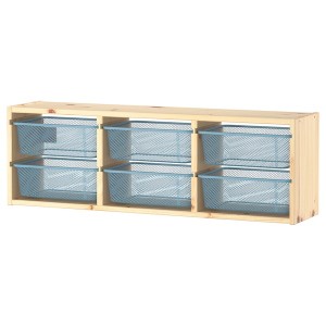 IKEA TROFAST wall storage, 36 5/8x8 1/4x11 3/4 in Light White Stained Pine / Gray / Blue, Ikea Outlet | 5610JDWPL
