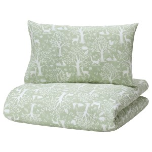 IKEA TROLLDOM duvet cover 1 pillowcase f crib, 43x49/14x22 in Forest Animal Pattern / Green, Ikea Outlet | 3280QZCLS