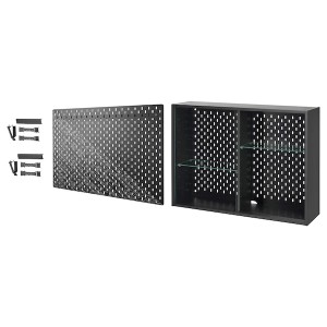 IKEA UPPSPEL glass-door cab/pgbrd/2 acc sets, dark gray/black, Ikea Outlet | 2743XTEIQ