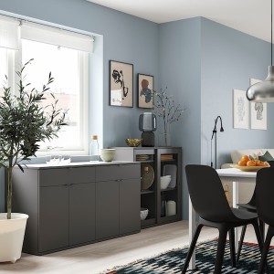 IKEA VIHALS storage combination w/glass doors, clear glass, 92 1/2x18 1/2x35 3/8 in Dark Gray, Ikea Outlet | 0657KCPEN